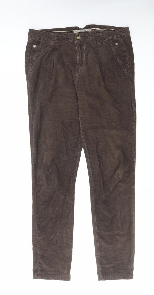 Zara Womens Brown Cotton Trousers Size 14 L32 in Regular Zip