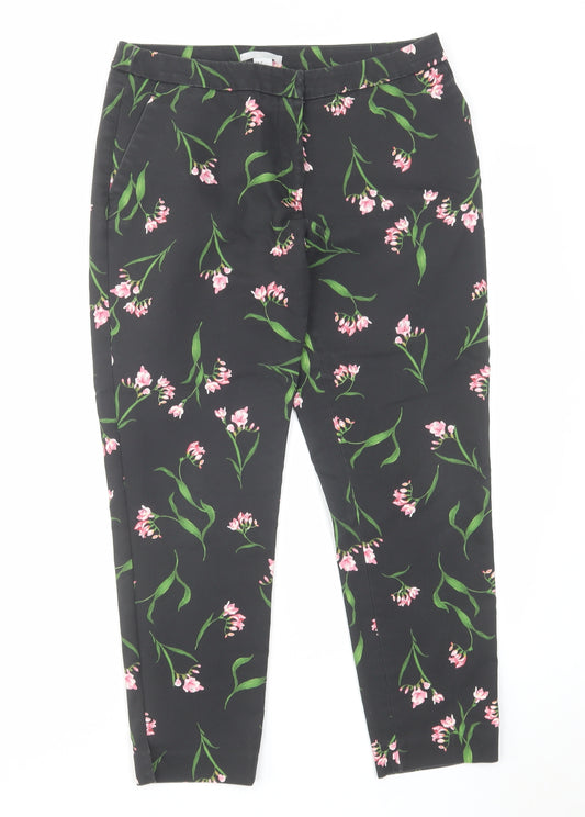 H&M Womens Black Floral Cotton Carrot Trousers Size 10 L26 in Regular Hook & Eye