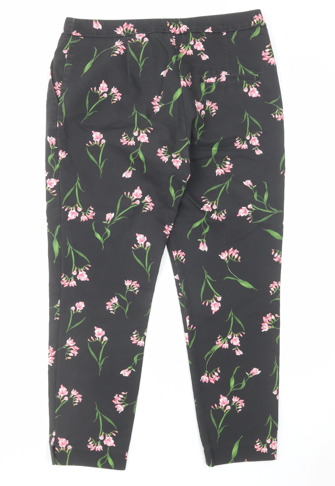 H&M Womens Black Floral Cotton Carrot Trousers Size 10 L26 in Regular Hook & Eye