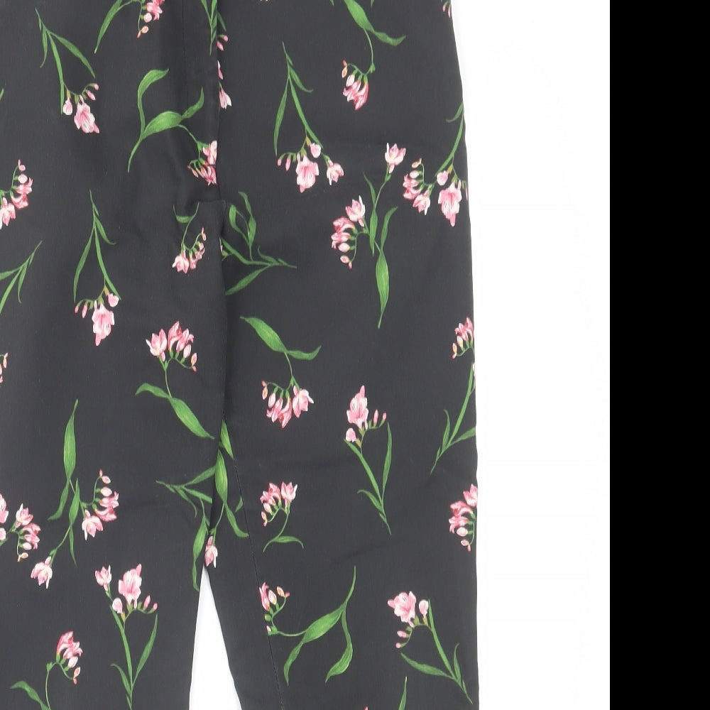 H&M Womens Black Floral Cotton Carrot Trousers Size 10 L26 in Regular Hook & Eye