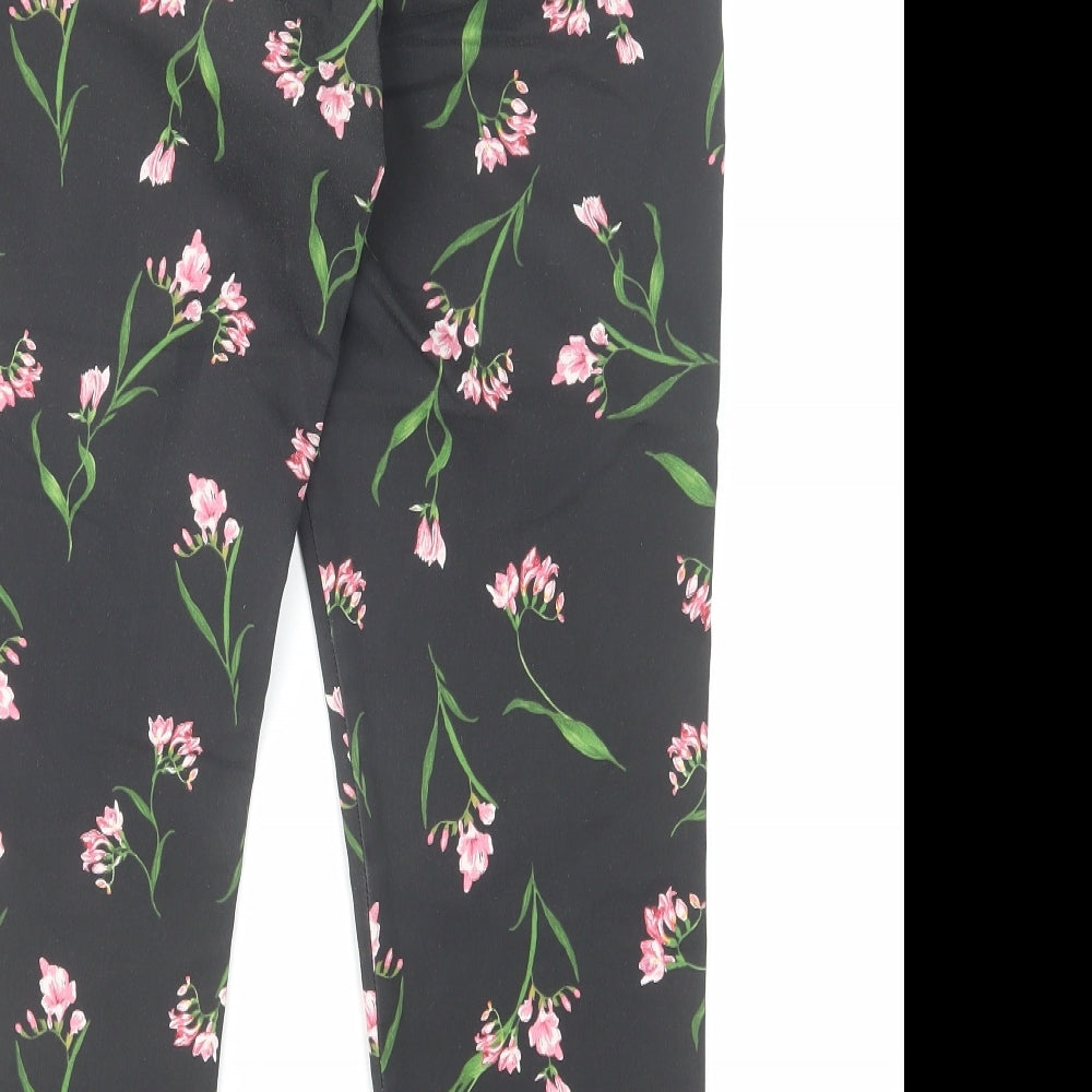 H&M Womens Black Floral Cotton Carrot Trousers Size 10 L26 in Regular Hook & Eye