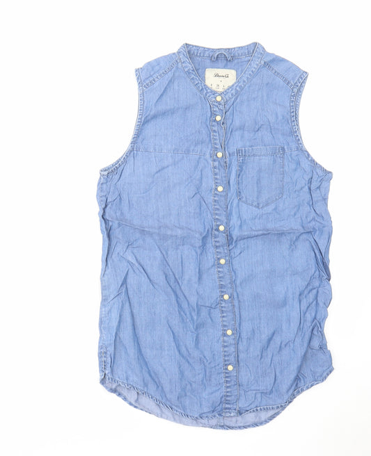Denim & Co. Womens Blue Cotton Basic Button-Up Size 8 Round Neck