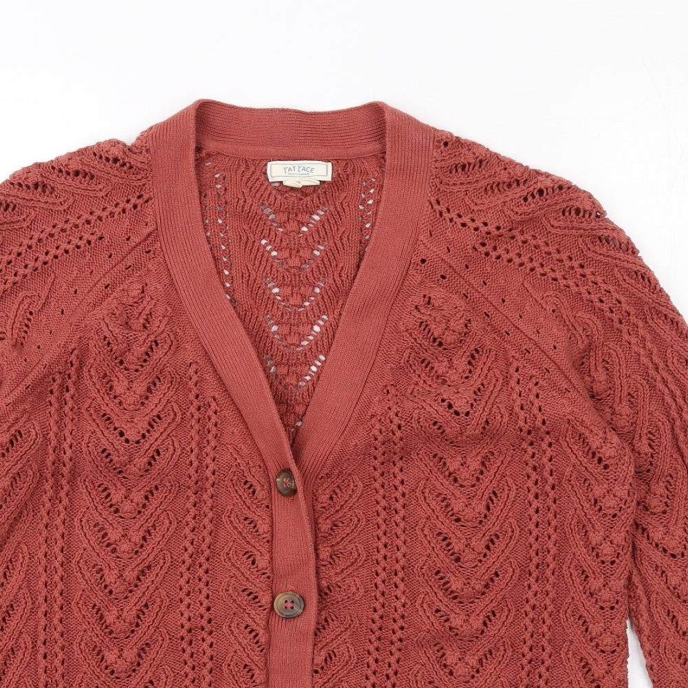 Fat Face Womens Red V-Neck Cotton Cardigan Jumper Size 8