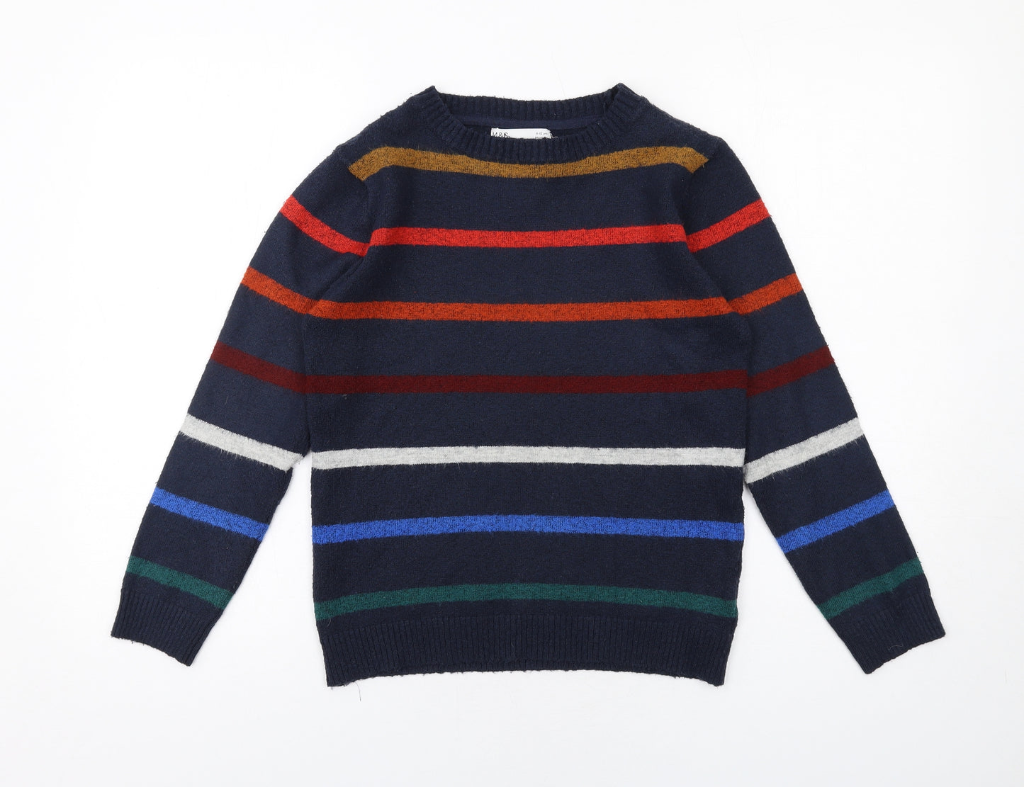 Marks and Spencer Boys Blue Round Neck Striped Acrylic Pullover Jumper Size 11-12 Years Pullover