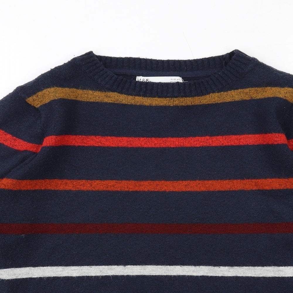 Marks and Spencer Boys Blue Round Neck Striped Acrylic Pullover Jumper Size 11-12 Years Pullover