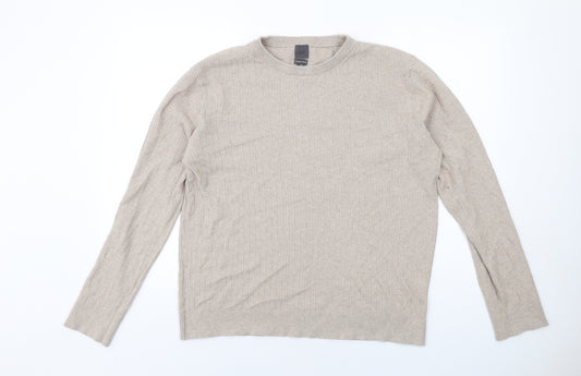 H&M Mens Beige Round Neck Cotton Pullover Jumper Size L Long Sleeve