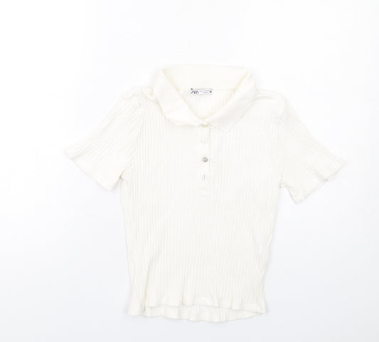 Zara Womens Ivory Cotton Basic Polo Size L Collared - Ribbed