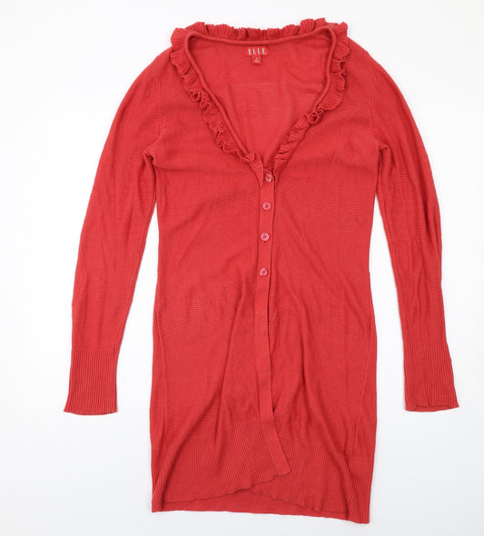 ELLE Womens Red V-Neck Cotton Cardigan Jumper Size M