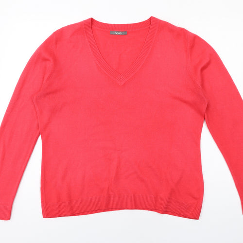 South Womens Red V-Neck Acrylic Pullover Jumper Size 14