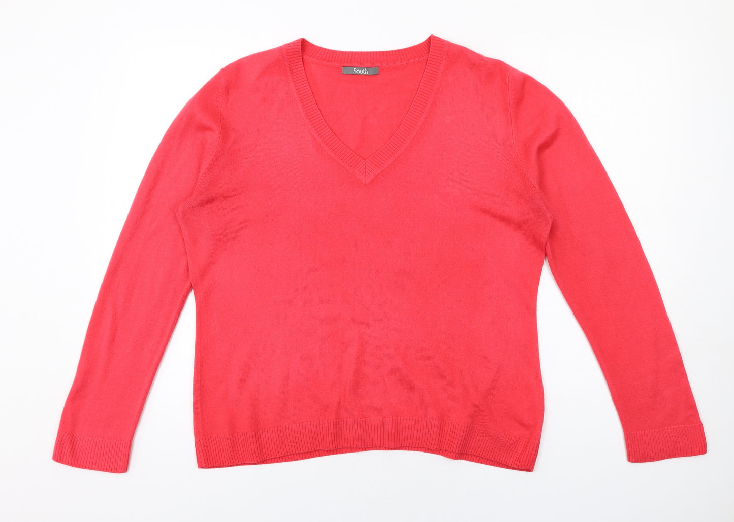 South Womens Red V-Neck Acrylic Pullover Jumper Size 14