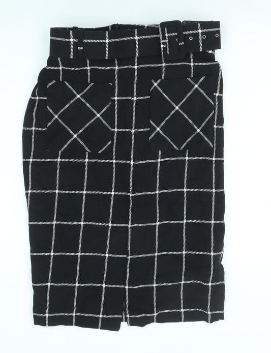 Zara Womens Black Check Cotton Straight & Pencil Skirt Size L Zip - Belt included