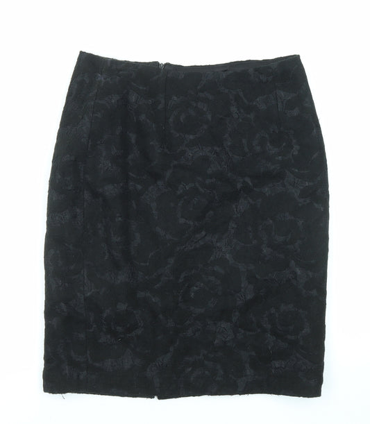 Clements Ribeiro Womens Black Floral Polyester Straight & Pencil Skirt Size 10 Zip