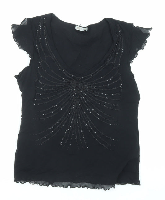 Mk One Womens Black Nylon Basic Blouse Size 14 Scoop Neck - Embellished