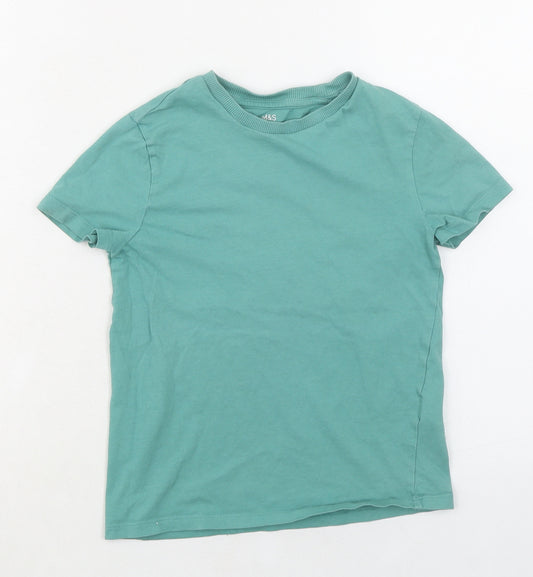 Marks and Spencer Boys Green 100% Cotton Basic T-Shirt Size 7-8 Years Round Neck Pullover