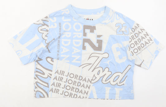 AIR JORDAN Womens Blue Geometric 100% Cotton Basic T-Shirt Size S Crew Neck