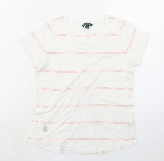 Lauren Ralph Lauren Womens Ivory Striped 100% Cotton Basic T-Shirt Size XS Scoop Neck
