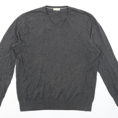 Gap Mens Grey V-Neck Cotton Pullover Jumper Size L Long Sleeve