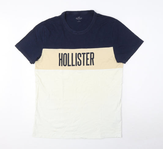 Hollister Mens Ivory Colourblock Cotton T-Shirt Size M Round Neck