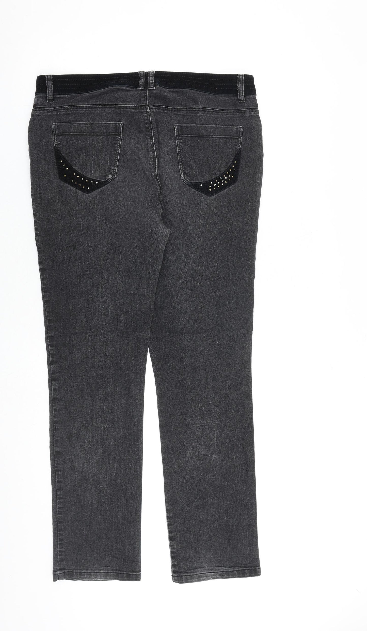 Per Una Womens Grey Cotton Straight Jeans Size 12 L30 in Regular Zip - Embellished