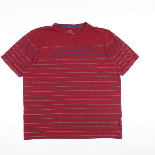 Marks and Spencer Mens Red Striped Cotton T-Shirt Size XL Round Neck