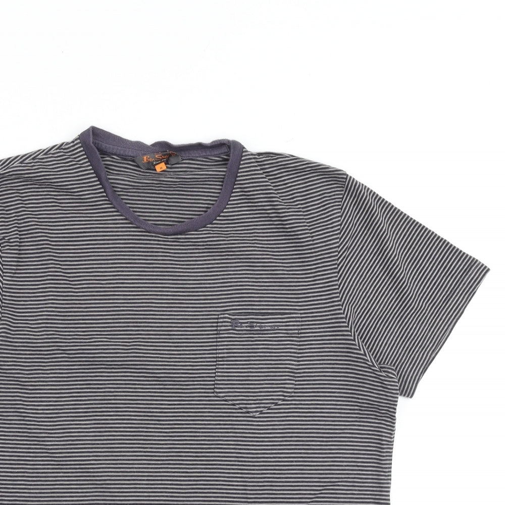 Ben Sherman Mens Grey Striped Cotton T-Shirt Size M Round Neck