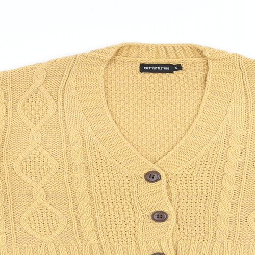 PRETTYLITTLETHING Womens Yellow V-Neck Acrylic Cardigan Jumper Size S - Cropped