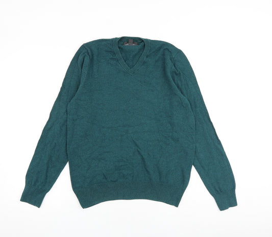Marks and Spencer Mens Green V-Neck Cotton Pullover Jumper Size M Long Sleeve