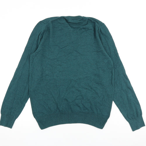 Marks and Spencer Mens Green V-Neck Cotton Pullover Jumper Size M Long Sleeve