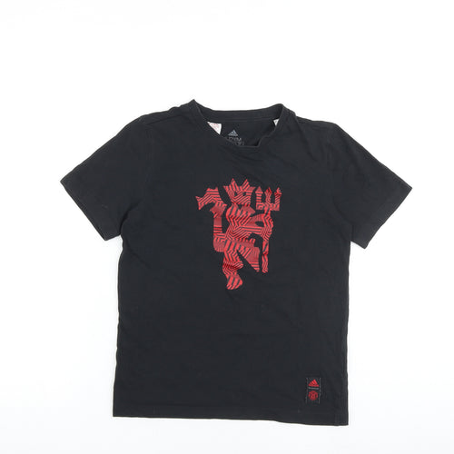 adidas Boys Black Cotton Basic T-Shirt Size 11-12 Years Round Neck Pullover - Manchester United Football Club