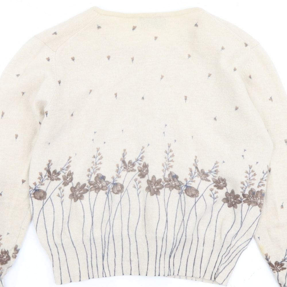 Emreco Womens Beige Round Neck Floral Wool Cardigan Jumper Size 8