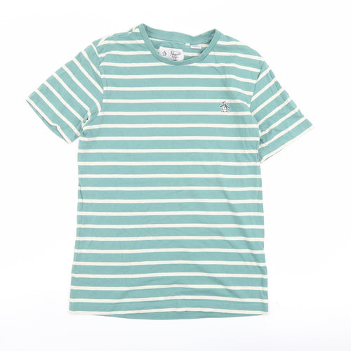 Penguin Mens Green Striped Cotton T-Shirt Size M Round Neck