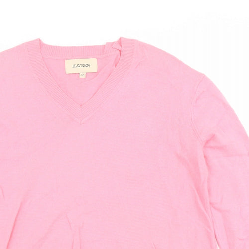 Havren Womens Pink V-Neck Cotton Pullover Jumper Size 12