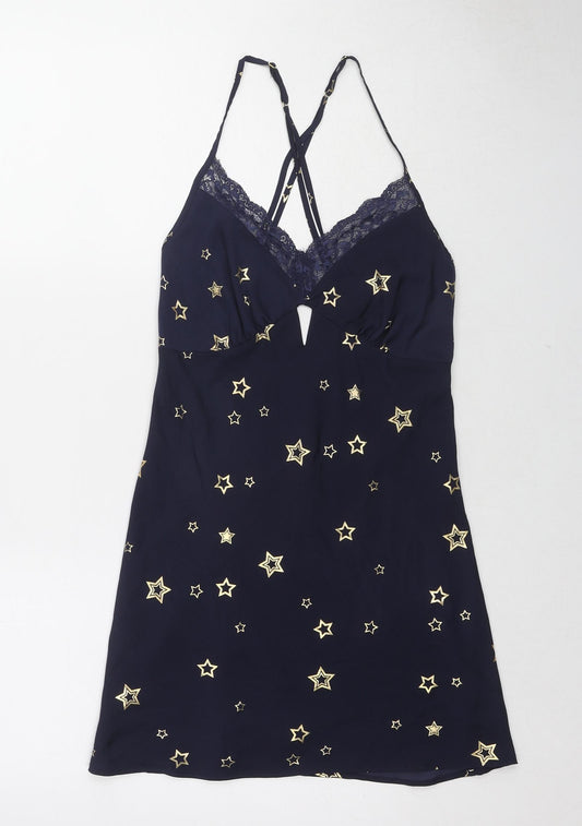 Marks and Spencer Womens Blue Geometric Polyester Top Dress Size 6 - Lace Trim Stars Cut Out