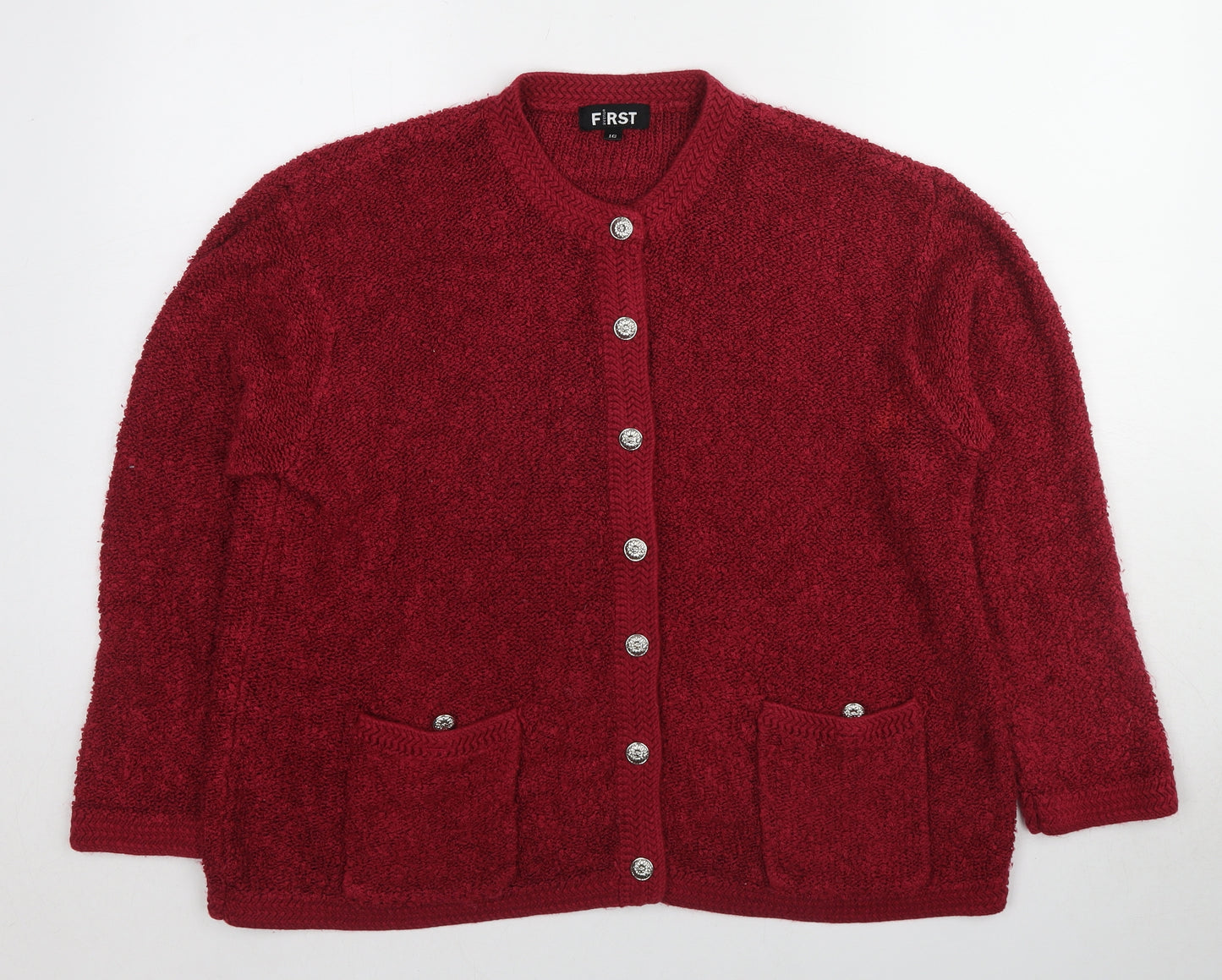 First Womens Red Round Neck Polyester Cardigan Jumper Size 16