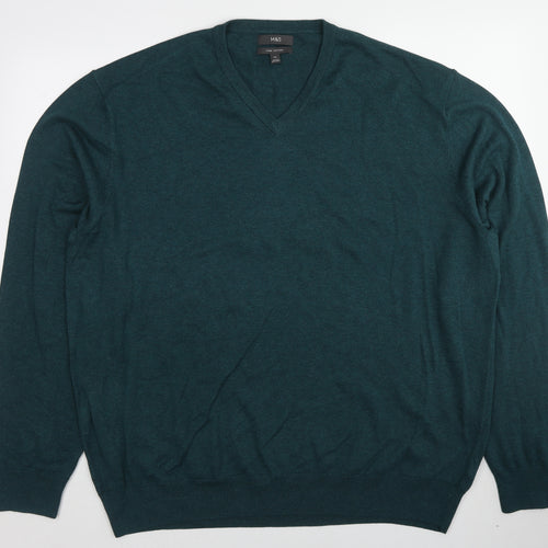 Marks and Spencer Mens Green V-Neck Cotton Pullover Jumper Size 2XL Long Sleeve