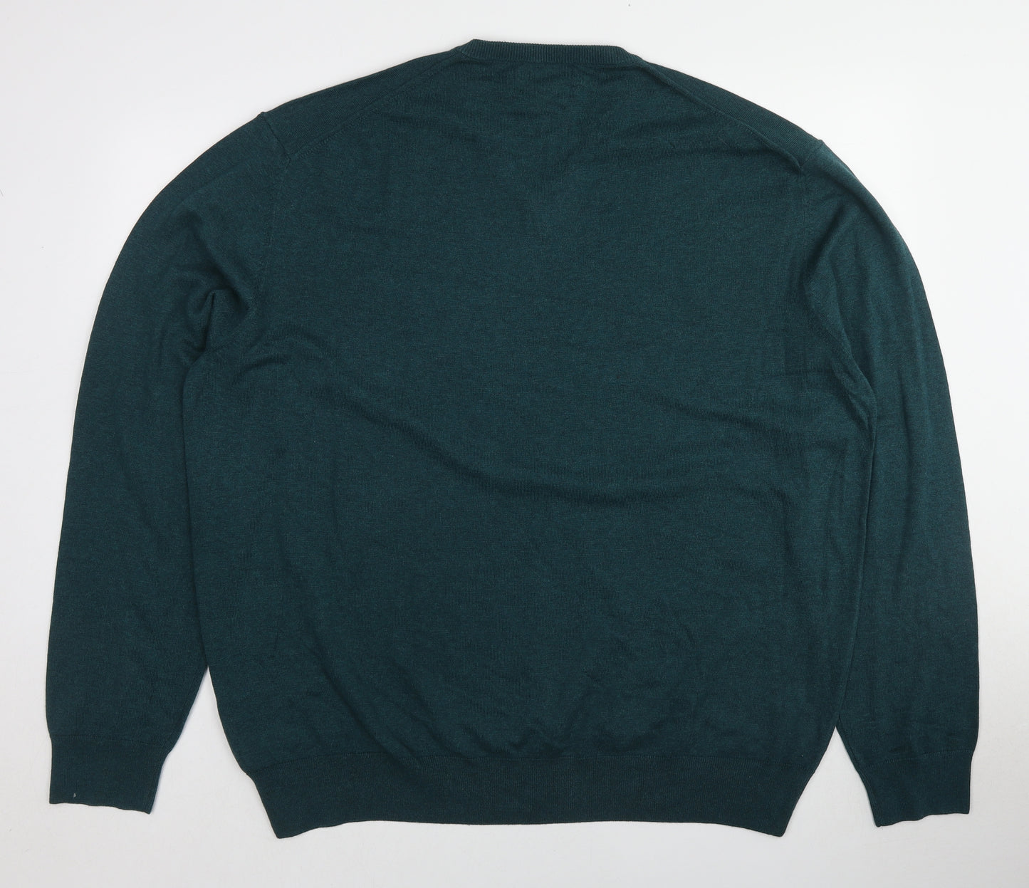 Marks and Spencer Mens Green V-Neck Cotton Pullover Jumper Size 2XL Long Sleeve