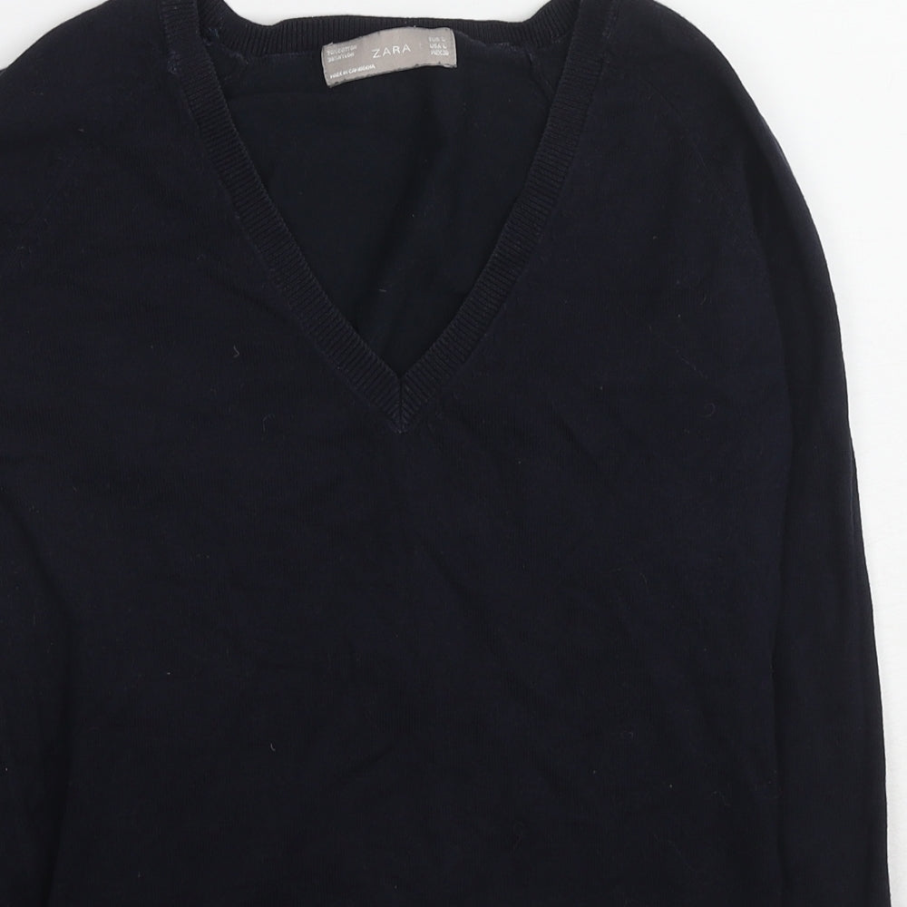 Zara Womens Blue V-Neck Cotton Pullover Jumper Size L