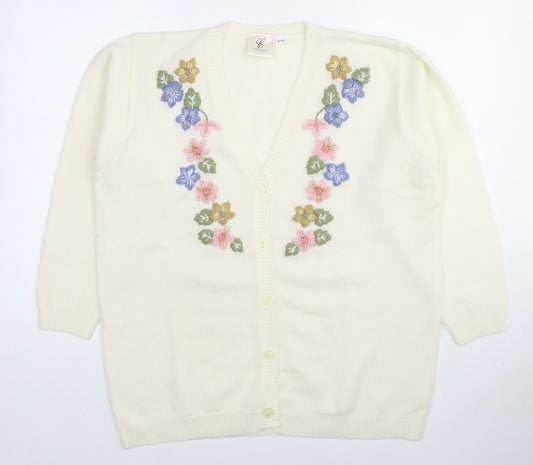Compliments Womens Ivory V-Neck Floral Acrylic Cardigan Jumper Size 16 Button