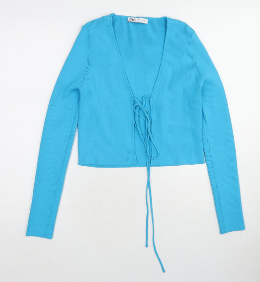 Zara Womens Blue V-Neck Nylon Cardigan Jumper Size L - Tie Front