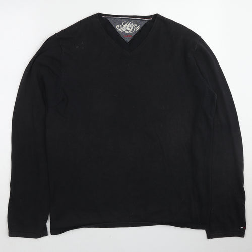 Tommy Hilfiger Mens Black V-Neck Cotton Pullover Jumper Size XL Long Sleeve