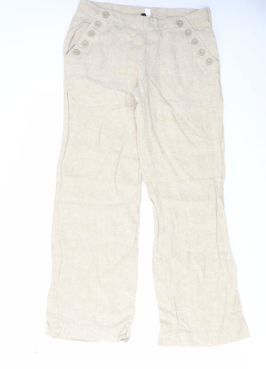 H&M Womens Beige Linen Trousers Size 14 L32 in Regular Zip