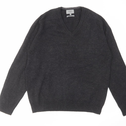 Marks and Spencer Mens Grey V-Neck Wool Pullover Jumper Size L Long Sleeve