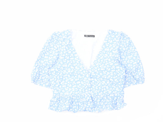 Zara Womens Blue Floral Cotton Cropped Blouse Size XS V-Neck