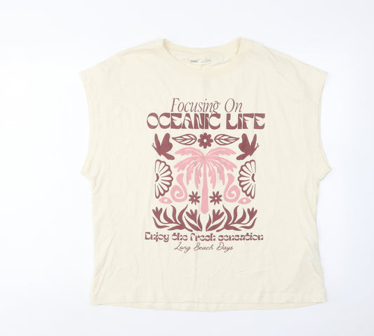 Pull&Bear Womens Beige Cotton Basic T-Shirt Size S Round Neck - Focusing On Ocean Life