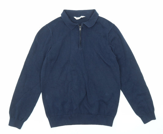 Marks and Spencer Boys Blue Collared Cotton Pullover Jumper Size 11-12 Years Zip - Quarter-Zip