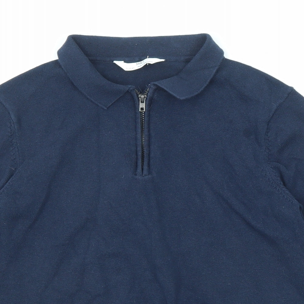 Marks and Spencer Boys Blue Collared Cotton Pullover Jumper Size 11-12 Years Zip - Quarter-Zip