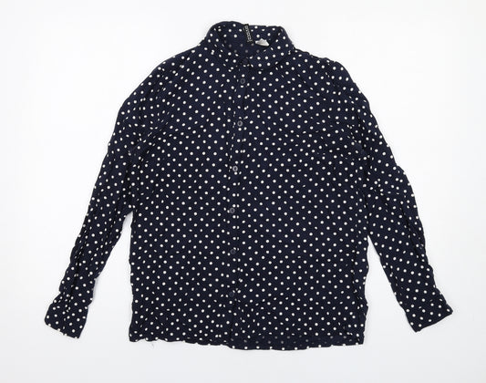 H&M Womens Blue Polka Dot Viscose Basic Button-Up Size 8 Collared