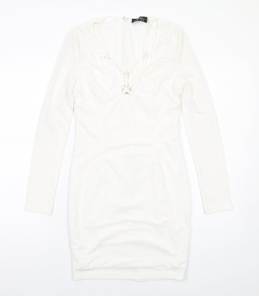 Club L Womens White Polyester Bodycon Size 10 V-Neck Zip