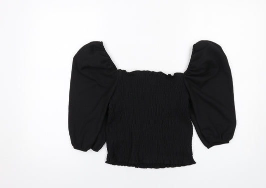 H&M Womens Black Polyester Cropped Blouse Size S Square Neck - Shirred