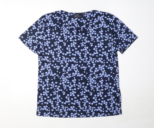 Marks and Spencer Womens Blue Floral Polyester Basic T-Shirt Size 8 Round Neck